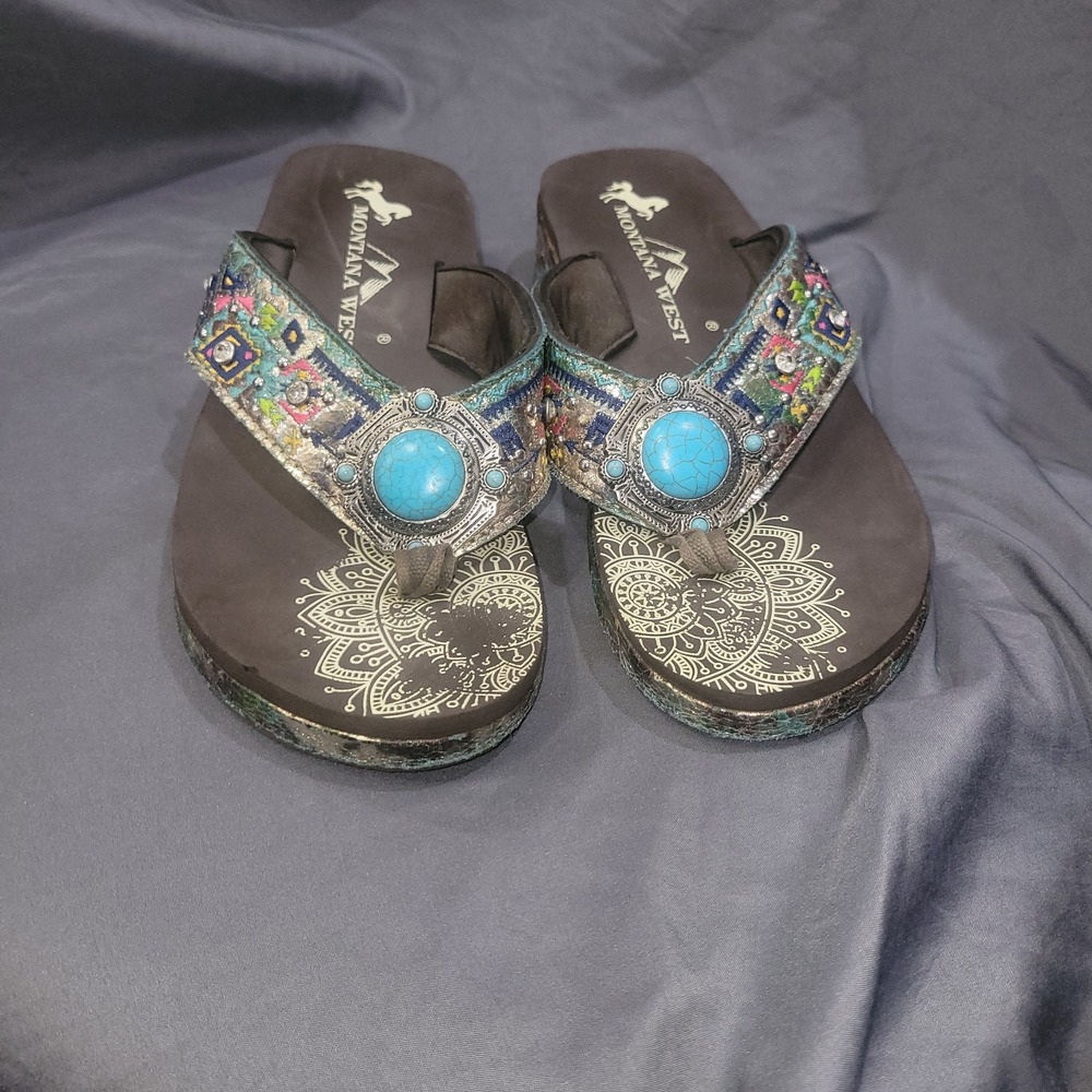 Montana West Womens Brown Turquoise Beaded Boho Western Wedge Flip Flop Sandals